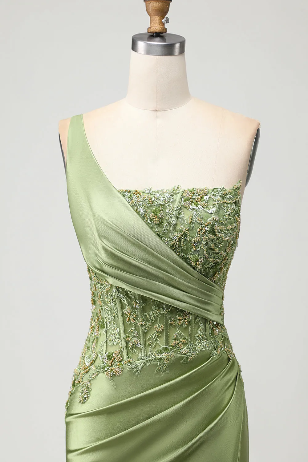 Green Mermaid One Shoulder Beaded Appliqued Corset Ruched Long Prom Dress with Slit sold by Zapaka product image thumbnail 4
