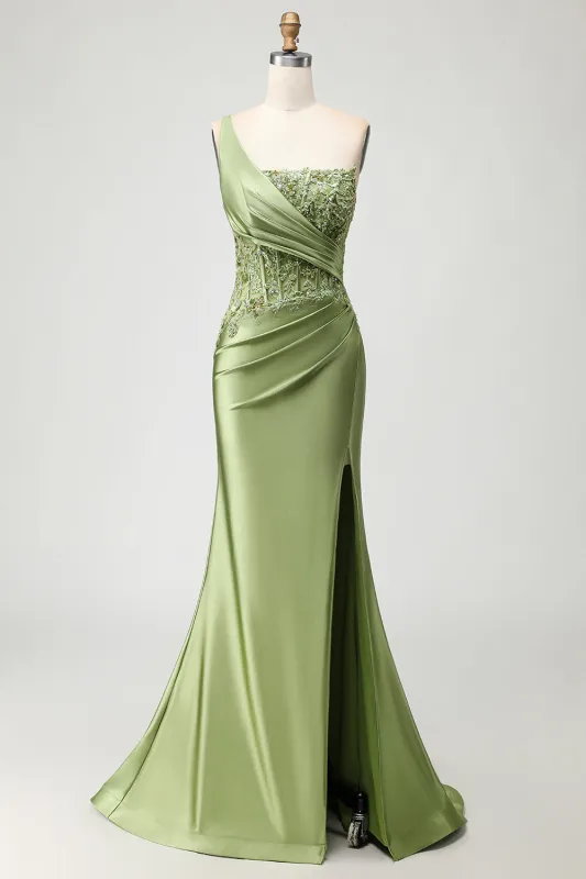 Green Mermaid One Shoulder Beaded Appliqued Corset Ruched Long Prom Dress with Slit sold by Zapaka
