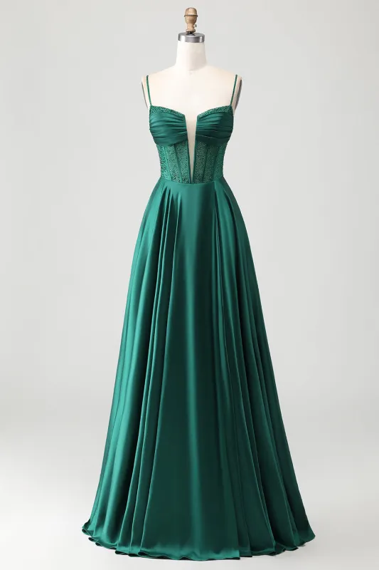 Dark Green A Line Beaded Corset Ruched Satin Long Prom Dress with Lace Up Back sold by Zapaka