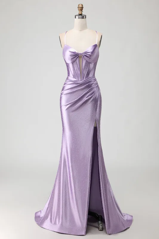 Purple Mermaid Corset Spaghetti Straps Beaded Long Prom Dress with Slit sold by Zapaka