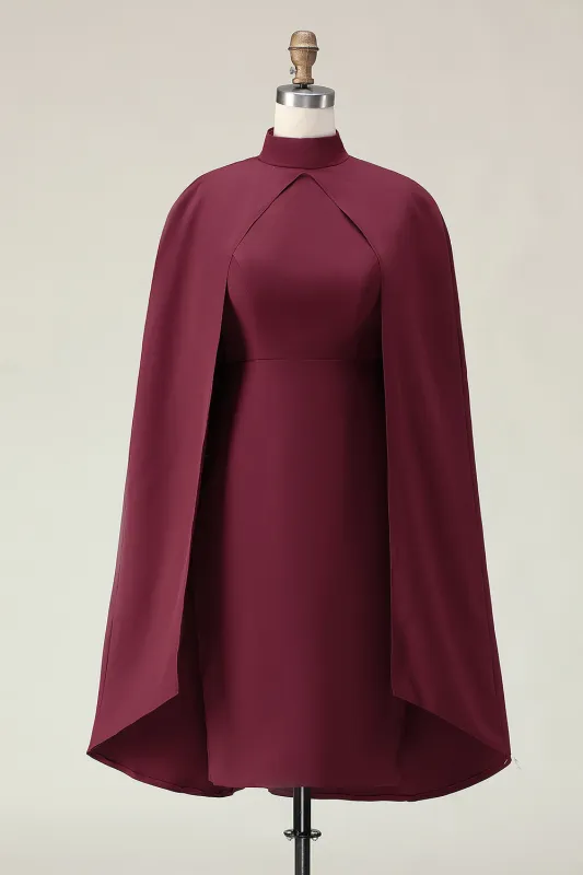 Burgundy Sheath High Neck Midi Formal Dress with Cape sold by Zapaka