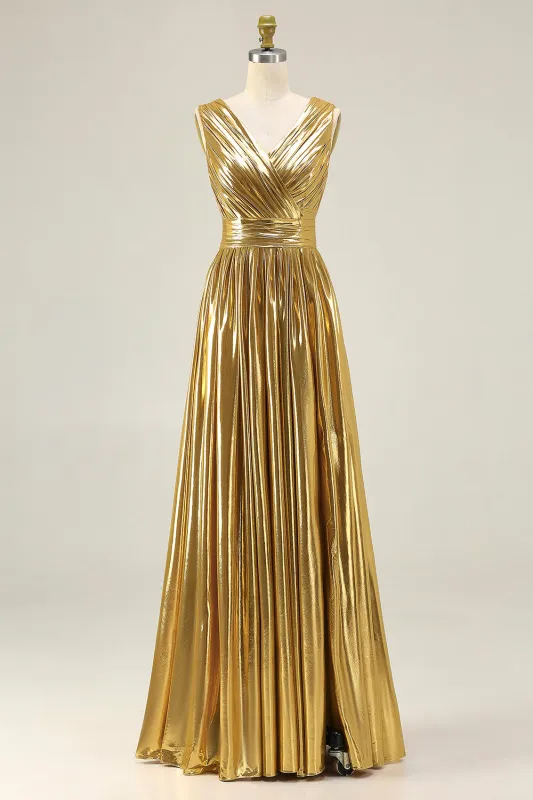 Metallic Gold V-Neck A-Line Long Formal Dress With Slit sold by Zapaka