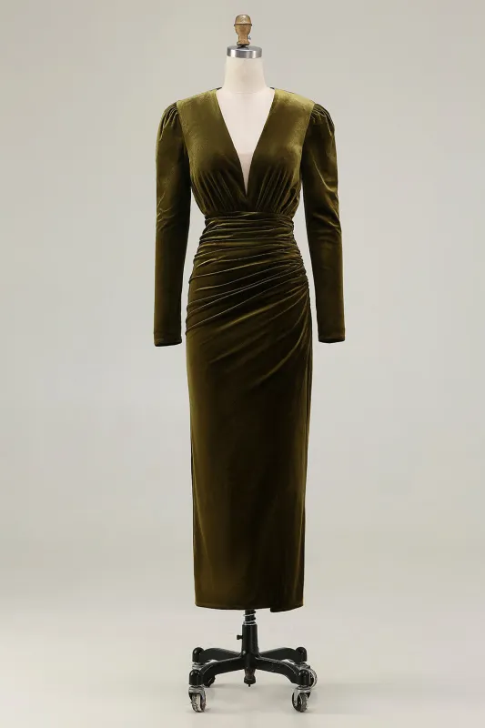 Olive V Neck Sheath Ruched Velvet Long Formal Dress with Slit made by Zapaka