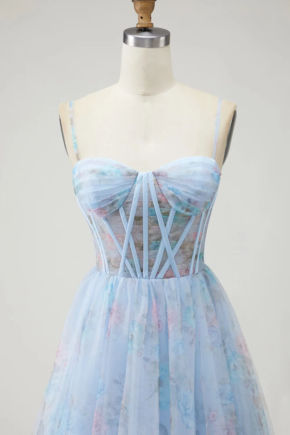 Blue Floral Corset A Line Spaghetti Straps Long Prom Dress with Slit sold by Zapaka product image thumbnail 4