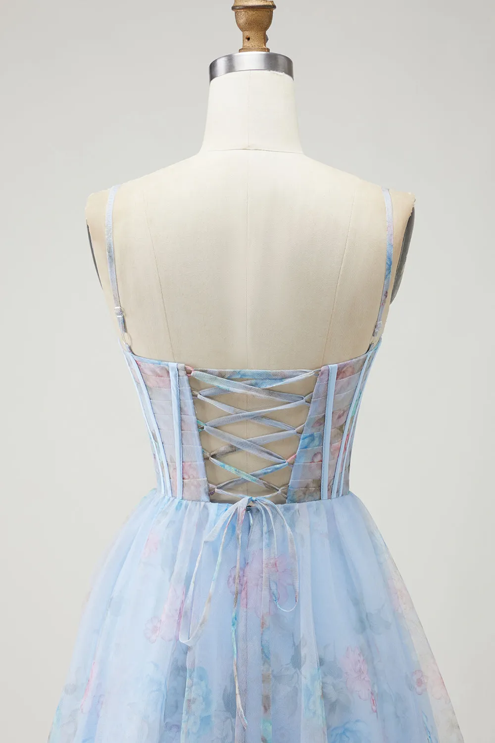 Blue Floral Corset A Line Spaghetti Straps Long Prom Dress with Slit sold by Zapaka product image thumbnail 5