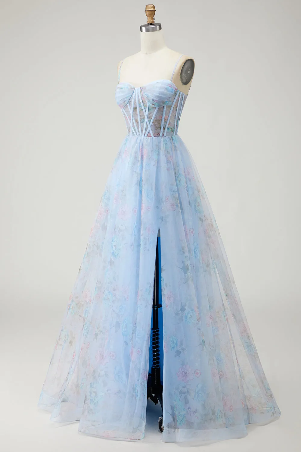 Blue Floral Corset A Line Spaghetti Straps Long Prom Dress with Slit sold by Zapaka product image thumbnail 3