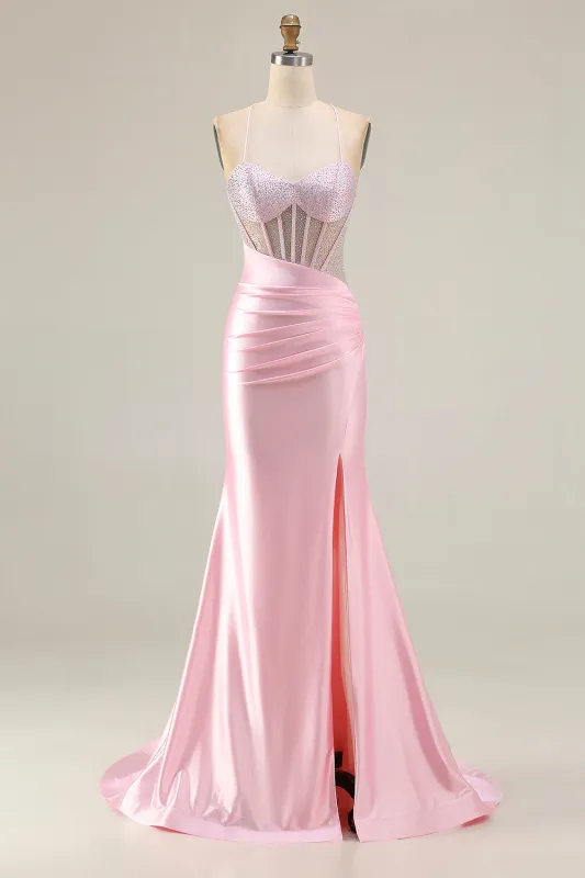 Pink Beaded Mermaid Spaghetti Straps Corset Ruched Long Prom Dress with Slit sold by Zapaka