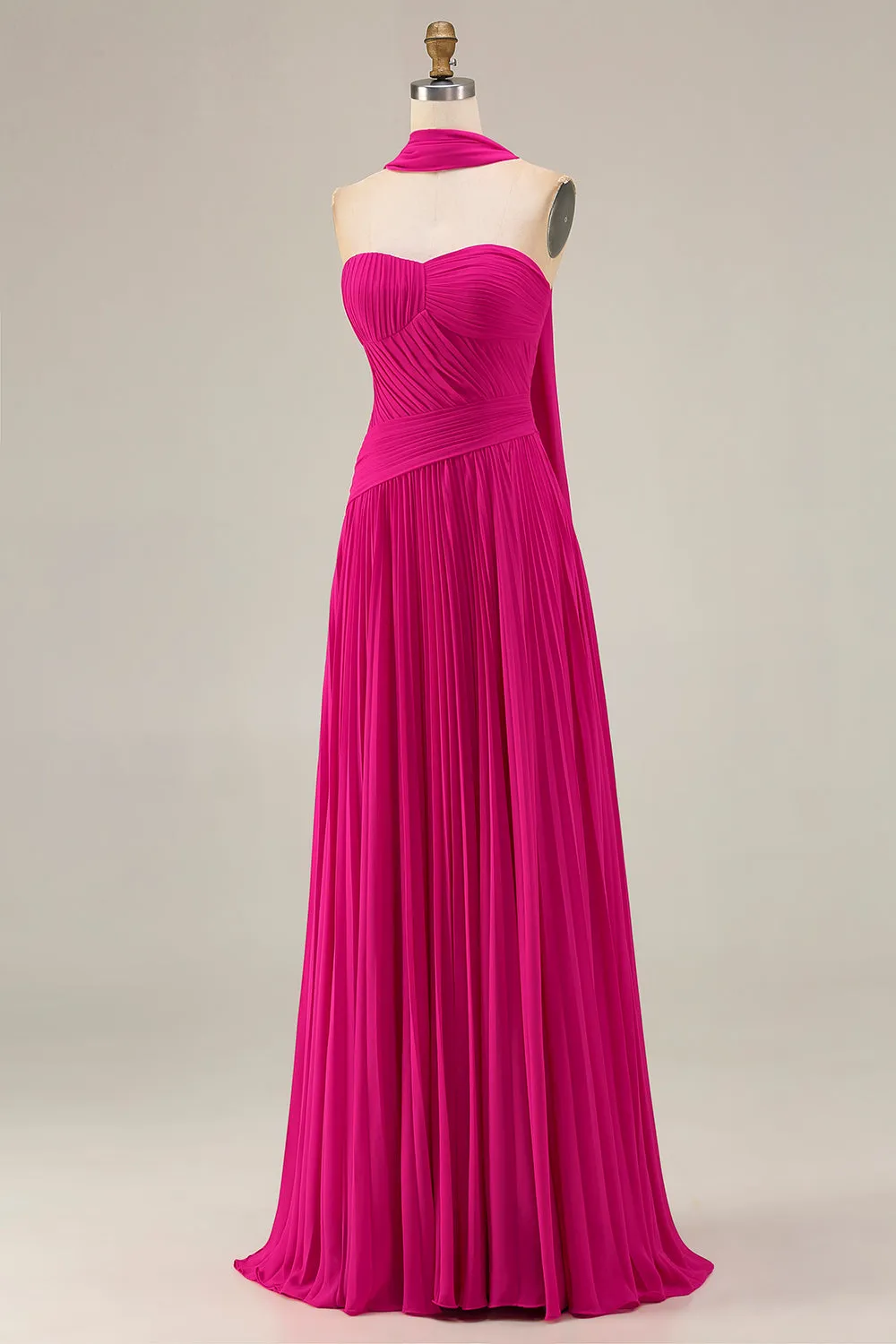 Fuchsia Sweetheart A Line Pleated Long Prom Dress with Sash sold by Zapaka product image thumbnail 3