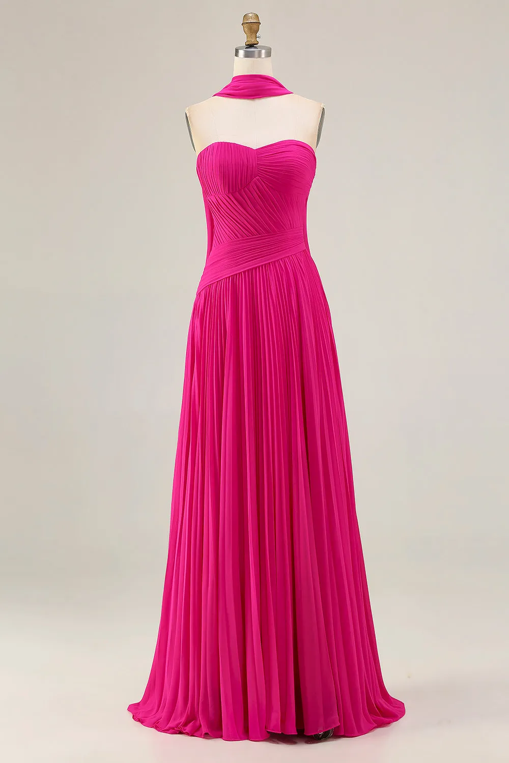 Fuchsia Sweetheart A Line Pleated Long Prom Dress with Sash sold by Zapaka