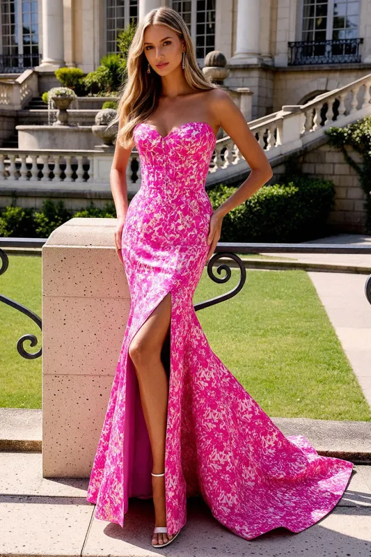 Sweetheart Fuchsia Floral Mermaid Corset Long Prom Dress with Slit sold by Zapaka