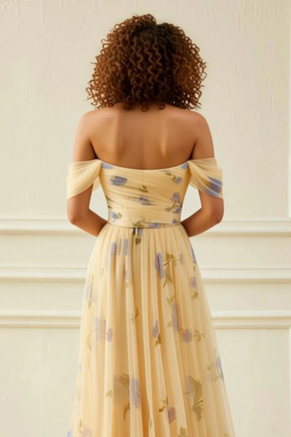 Off the Shoulder A Line Tulle Yellow Floral Long Prom Dress with Ruffles sold by Zapaka product image thumbnail 4