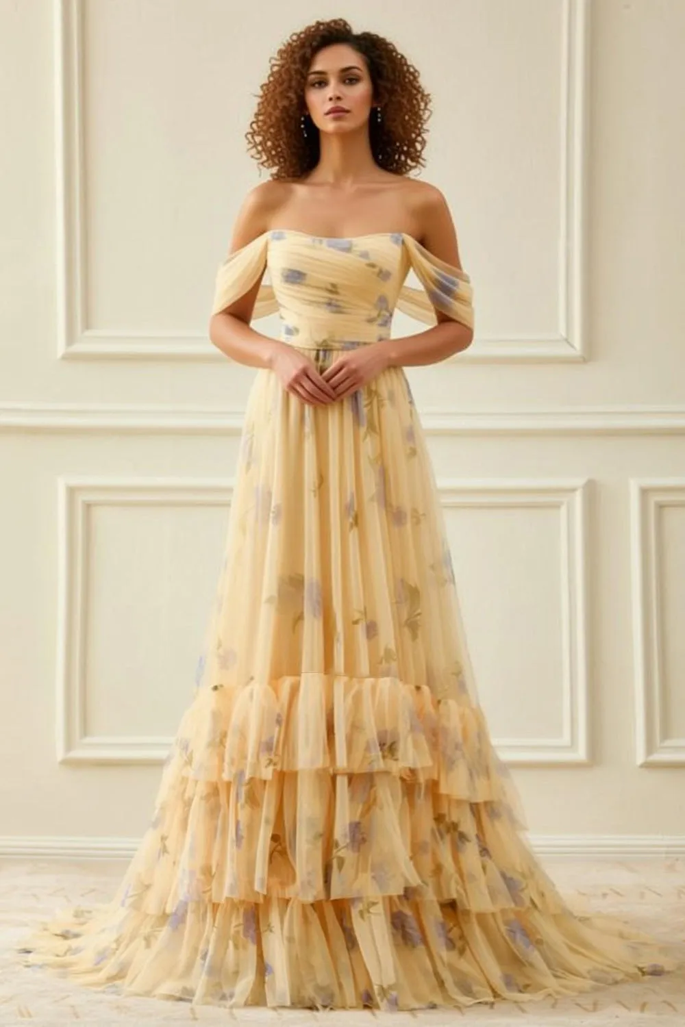 Off the Shoulder A Line Tulle Yellow Floral Long Prom Dress with Ruffles sold by Zapaka