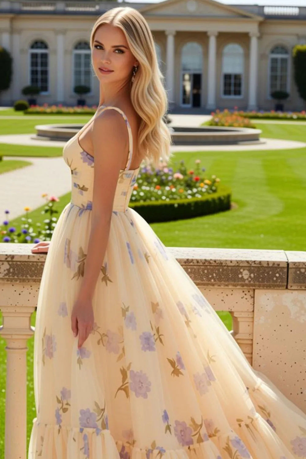 Yellow Floral A Line Tiered Ruffle Long Prom Dress sold by Zapaka product image thumbnail 2