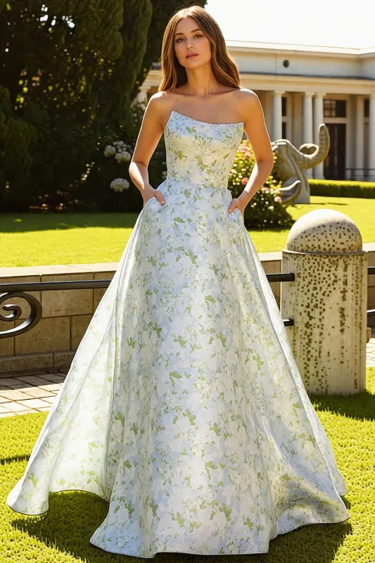 Strapless A Line Blue White Flower Long Prom Dress sold by Zapaka