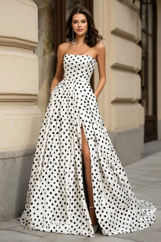 White Black A Line Strapless Polka Dots Long Prom Dress with Slit sold by Zapaka
