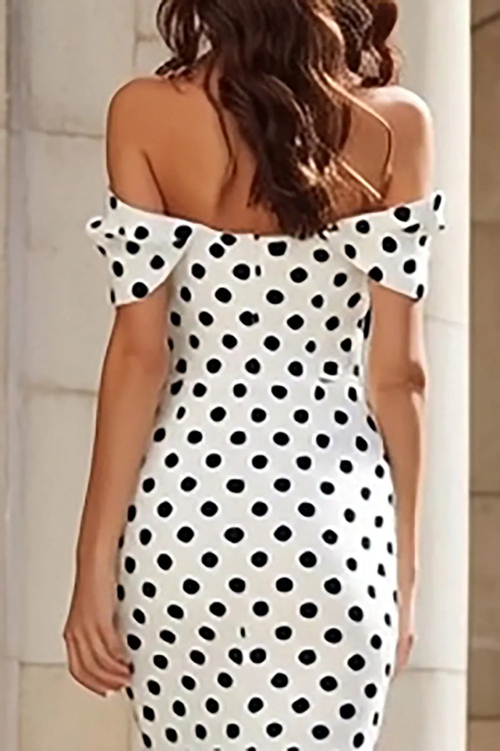 Off the Shoulder White Black Mermaid Polka Dots Long Prom Dress with Bow sold by Zapaka product image thumbnail 4