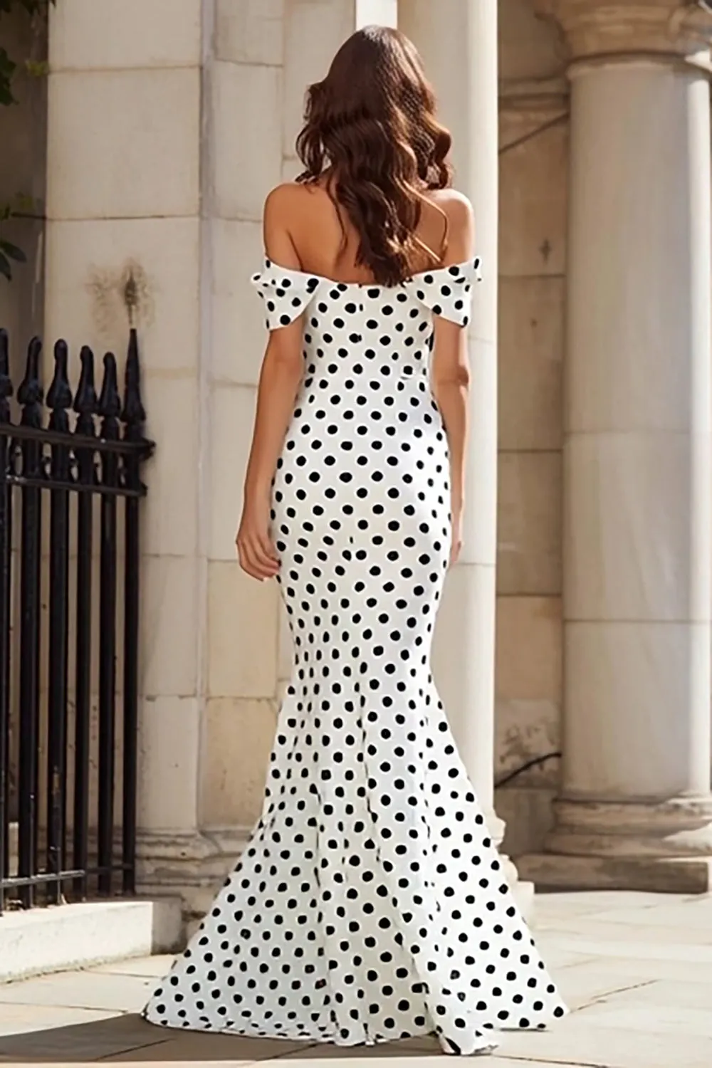 Off the Shoulder White Black Mermaid Polka Dots Long Prom Dress with Bow sold by Zapaka product image thumbnail 2