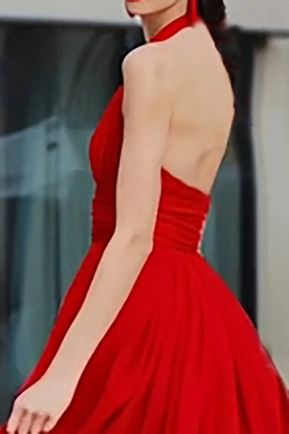 A Line Halter Pleated Tulle Backless Long Red Carpet Dress sold by Zapaka product image thumbnail 4