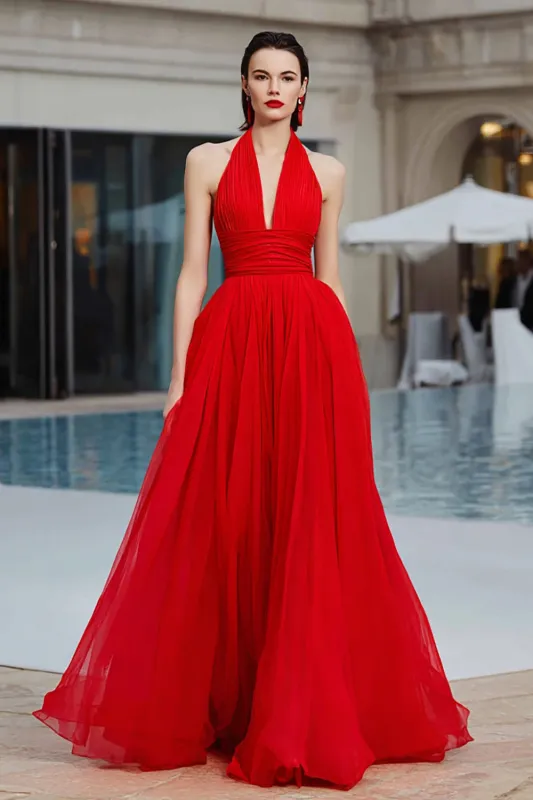 A Line Halter Pleated Tulle Backless Long Red Carpet Dress sold by Zapaka