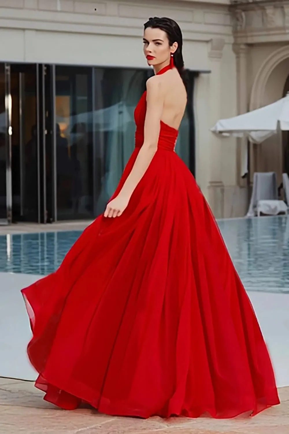 A Line Halter Pleated Tulle Backless Long Red Carpet Dress sold by Zapaka product image thumbnail 2