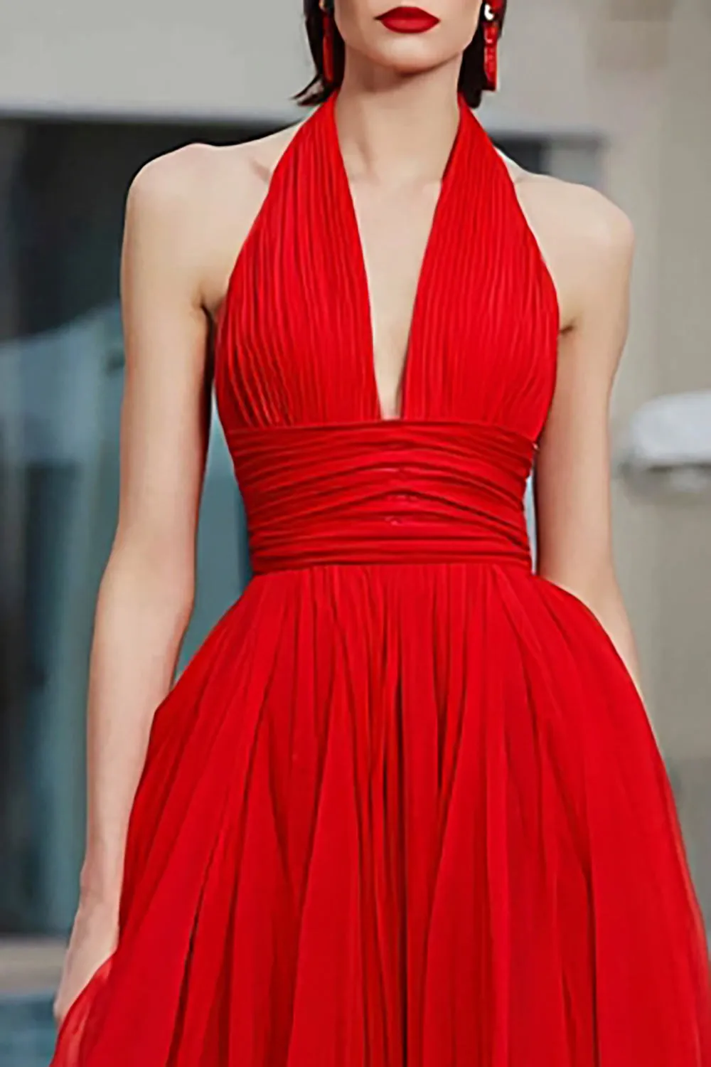 A Line Halter Pleated Tulle Backless Long Red Carpet Dress sold by Zapaka product image thumbnail 3