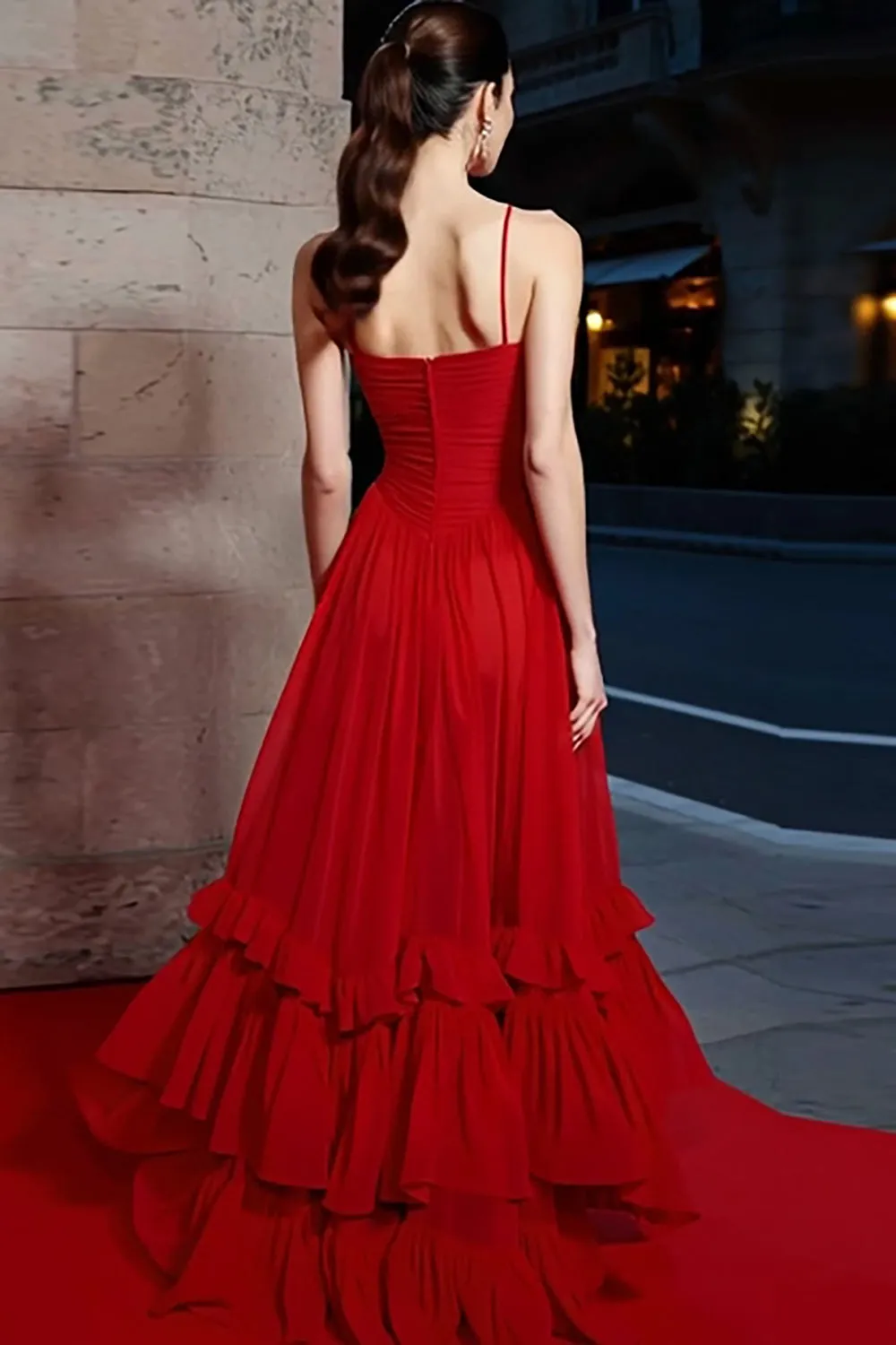 A Line Ruched Spaghetti Straps Long Red Carpet Dress with Ruffles sold by Zapaka product image thumbnail 2