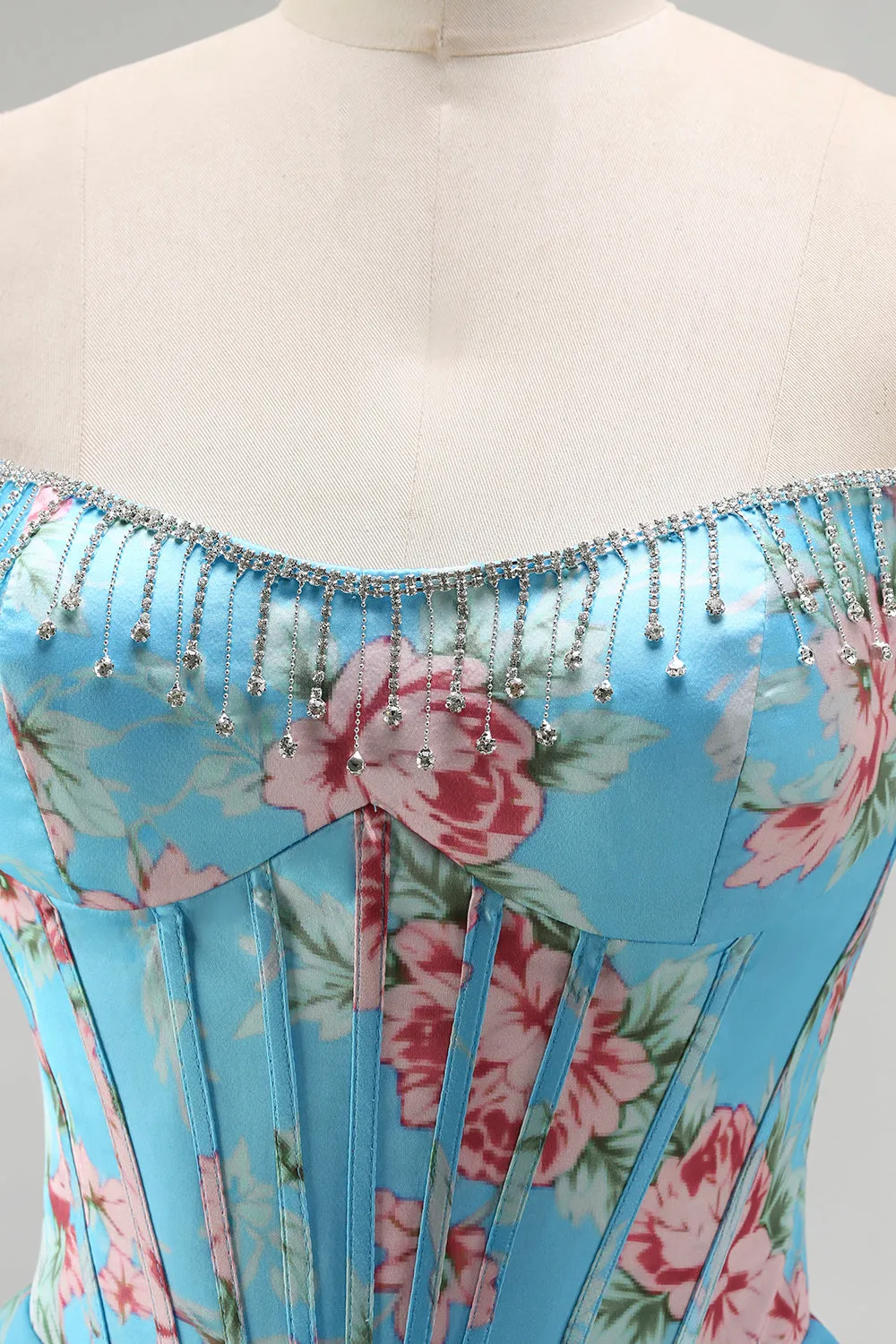 Strapless Blue A Line Corset Tiered Ruffle Floral Long Prom Dress with Slit sold by Zapaka product image thumbnail 5