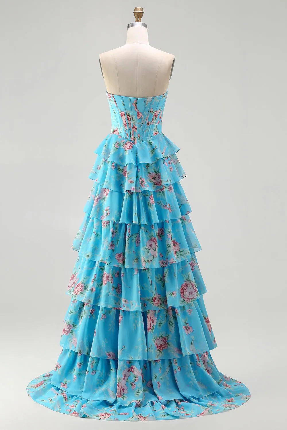 Strapless Blue A Line Corset Tiered Ruffle Floral Long Prom Dress with Slit sold by Zapaka product image thumbnail 2
