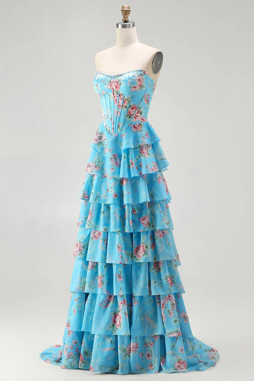 Strapless Blue A Line Corset Tiered Ruffle Floral Long Prom Dress with Slit sold by Zapaka product image thumbnail 3