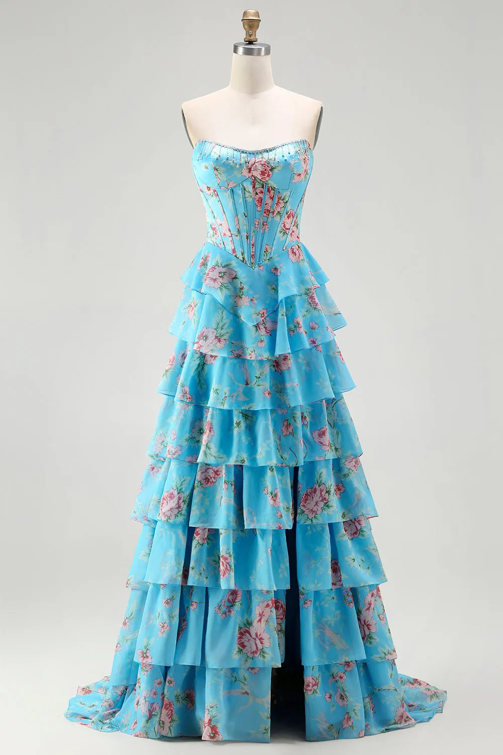 Strapless Blue A Line Corset Tiered Ruffle Floral Long Prom Dress with Slit sold by Zapaka