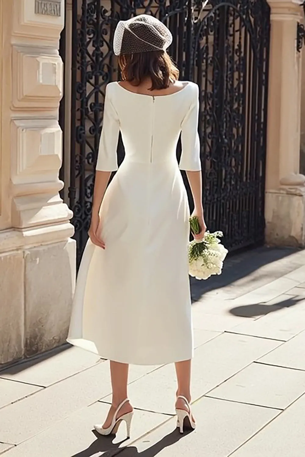 Ivory Mermaid Boat Neck Midi Engagement Dress with Sleeves sold by Zapaka product image thumbnail 2
