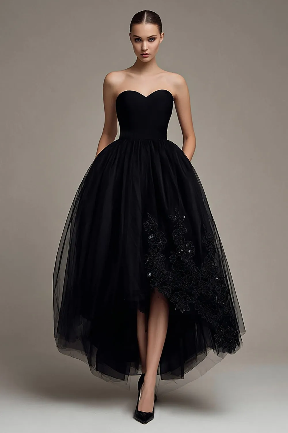 Strapless A Line Tulle Black High-Low Black Tie Dress sold by Zapaka