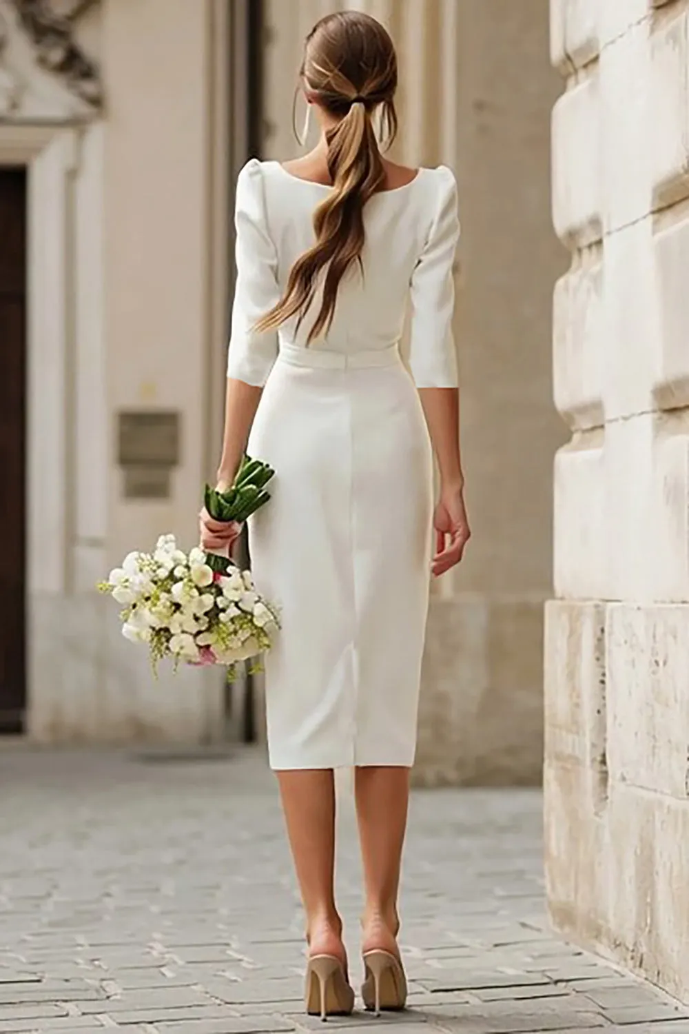 Ivory Bodycon Square Neck Tea Length Engagement Dress with Slit sold by Zapaka product image thumbnail 2