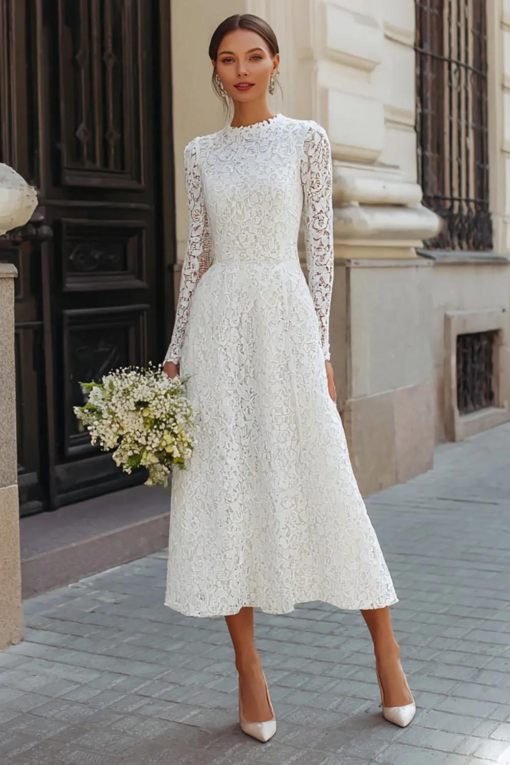 Ivory Lace A Line Tea Length Engagement Dress sold by Zapaka
