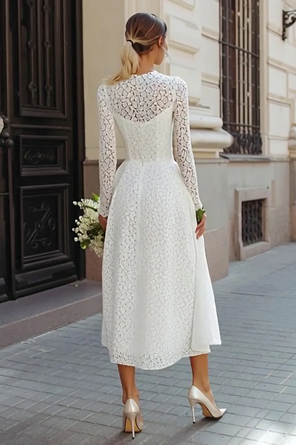 Ivory Lace A Line Tea Length Engagement Dress sold by Zapaka product image thumbnail 2