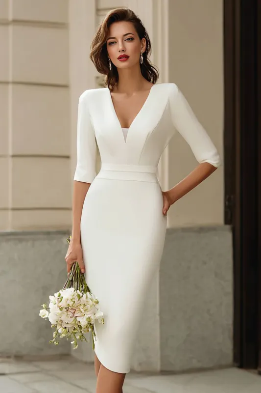 Ivory Bodycon V-Neck Half Sleeve Midi Egagement Dress sold by Zapaka