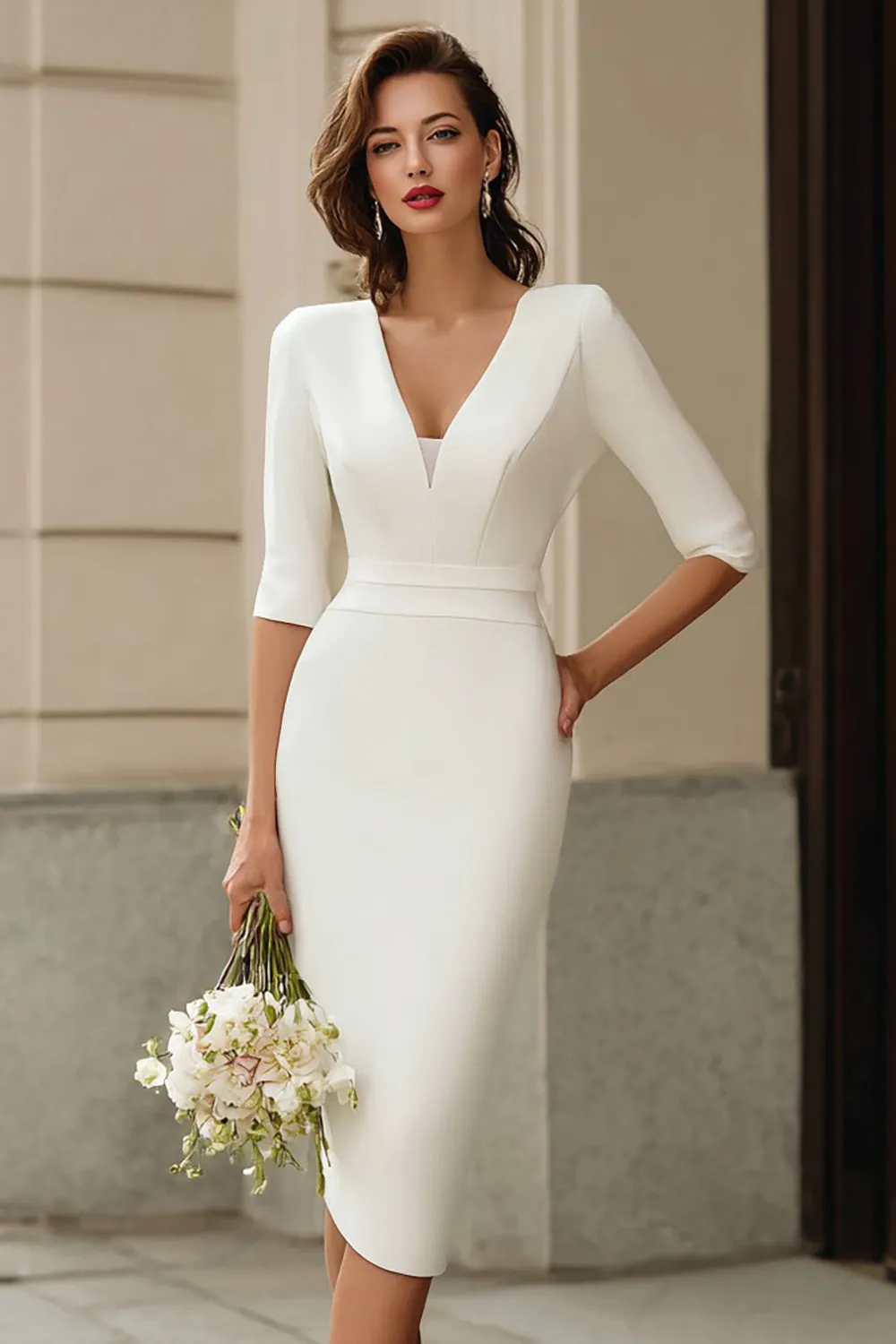 Ivory Bodycon V-Neck Half Sleeve Midi Egagement Dress sold by Zapaka