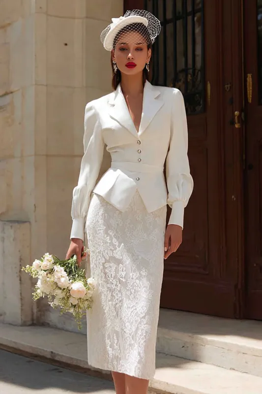 Ivory 2 Piece Notched Lapel Long Sleeves Midi Engagement Dress sold by Zapaka