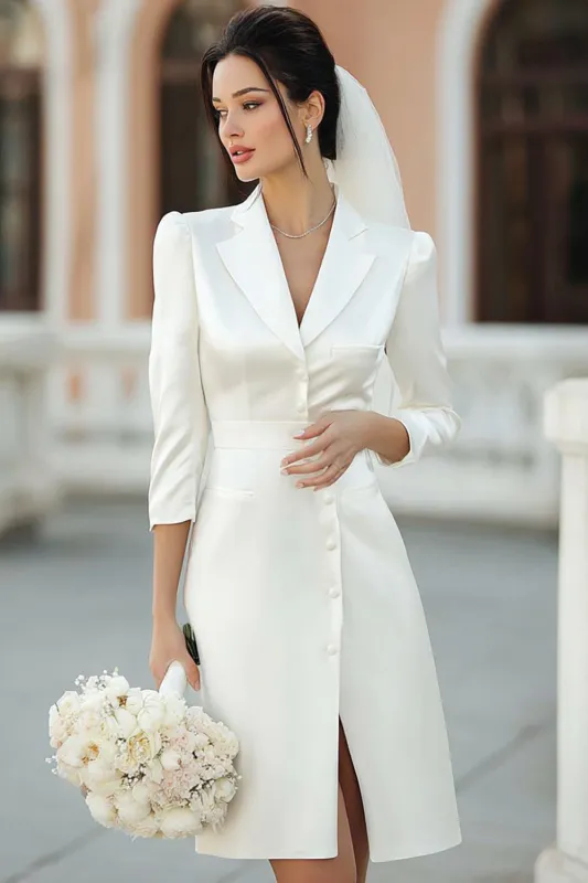 Ivory Peak Lapel A Line Midi Engagement Dress with Slit sold by Zapaka