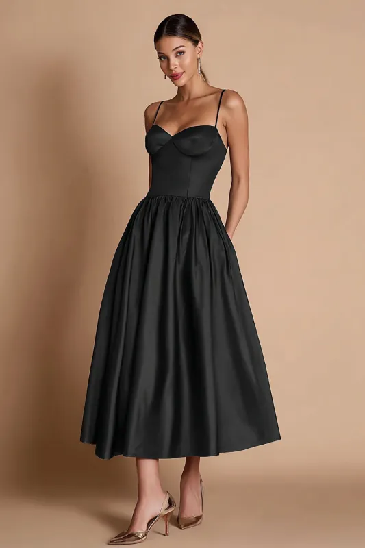 A Line Spaghetti Straps Satin Black Tie Dress sold by Zapaka