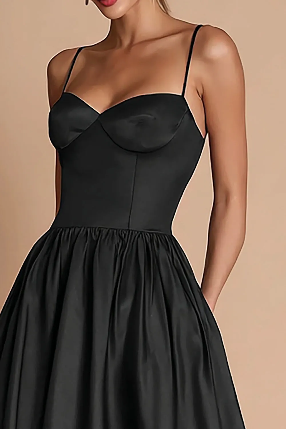 A Line Spaghetti Straps Satin Black Tie Dress sold by Zapaka product image thumbnail 2