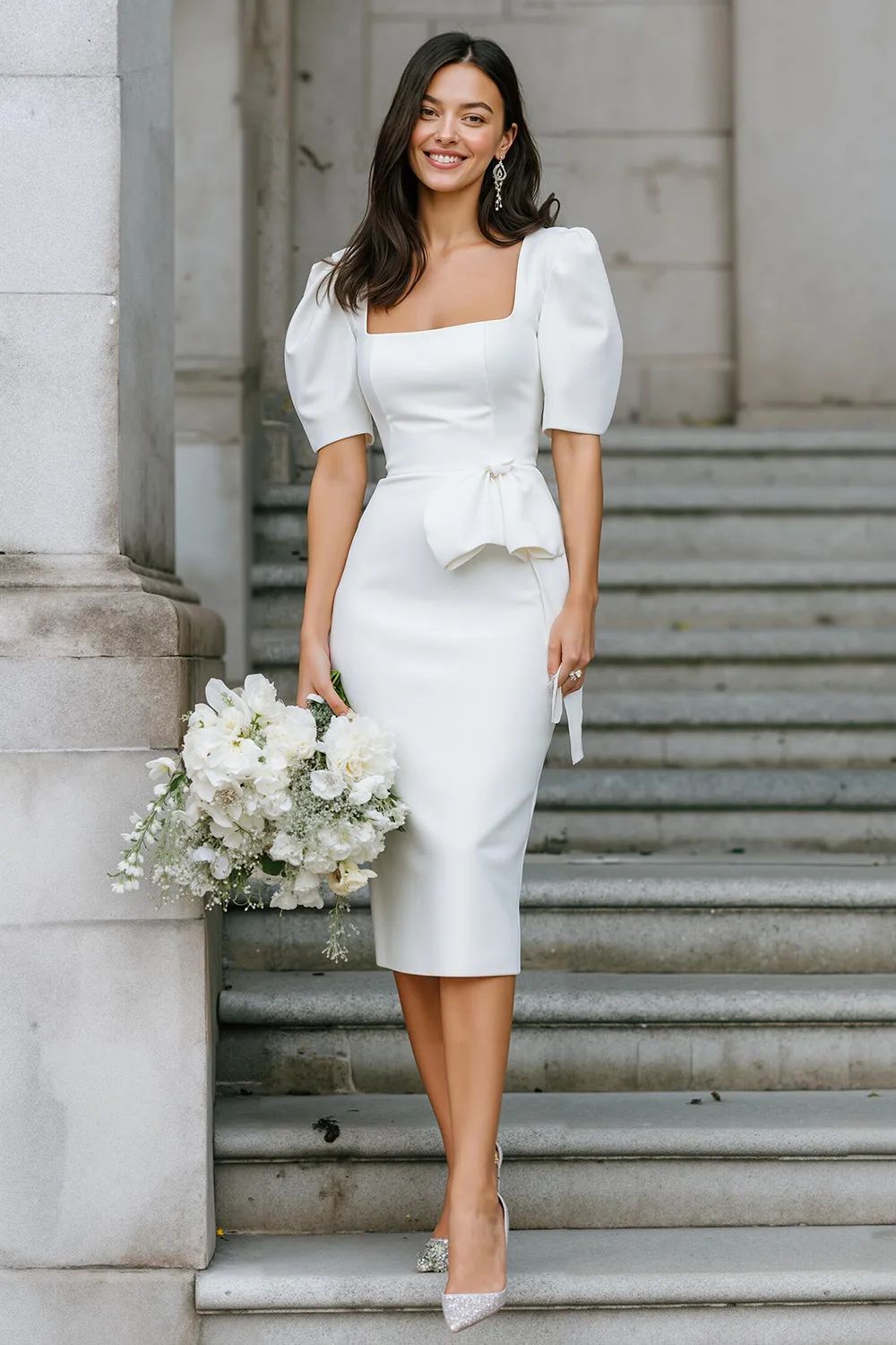 White Square Neck Sheath Midi Wedding Dress sold by Zapaka