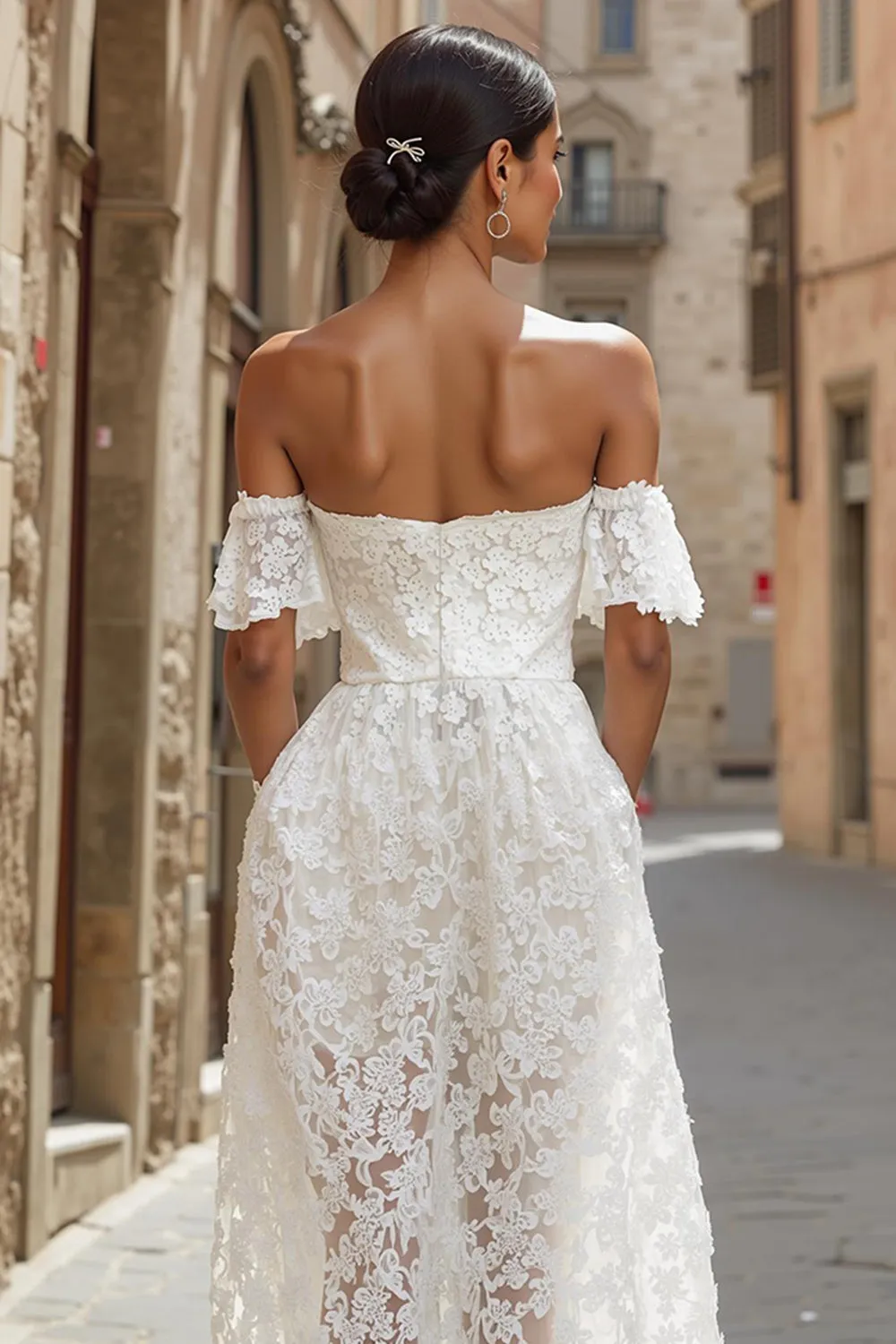 Ivory Lace Off the Shoulder Midi Wedding Dress sold by Zapaka product image thumbnail 4