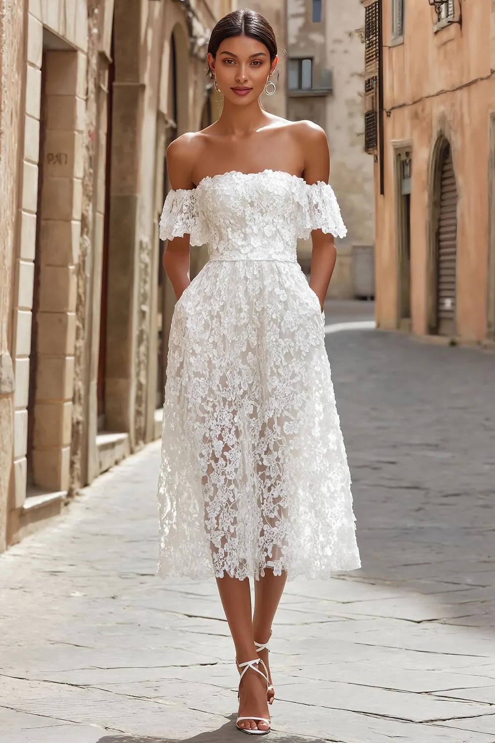 Ivory Lace Off the Shoulder Midi Wedding Dress sold by Zapaka