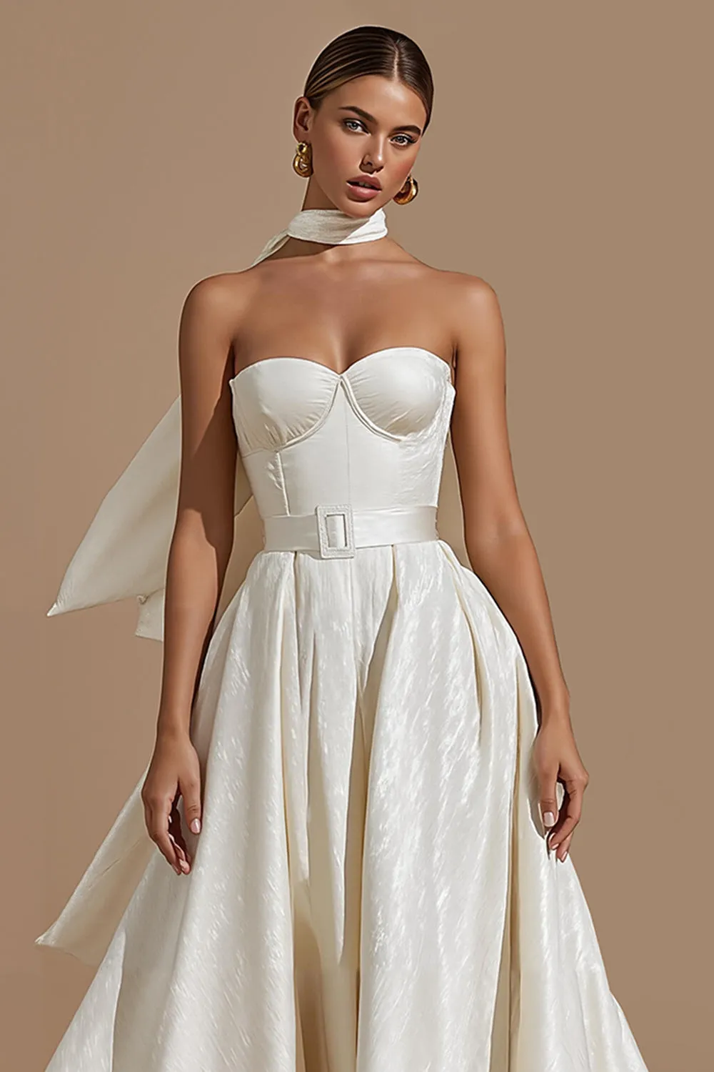 Ivory Sweetheart A Line Midi Wedding Dress with Belt sold by Zapaka product image thumbnail 3
