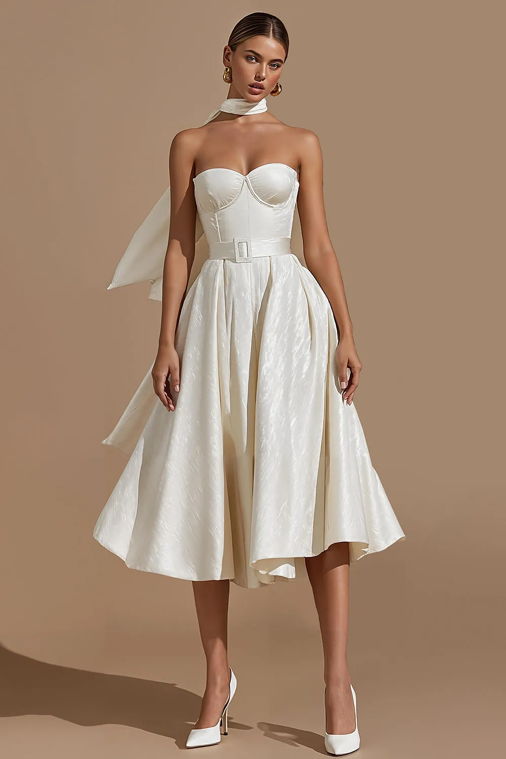 Ivory Sweetheart A Line Midi Wedding Dress with Belt sold by Zapaka