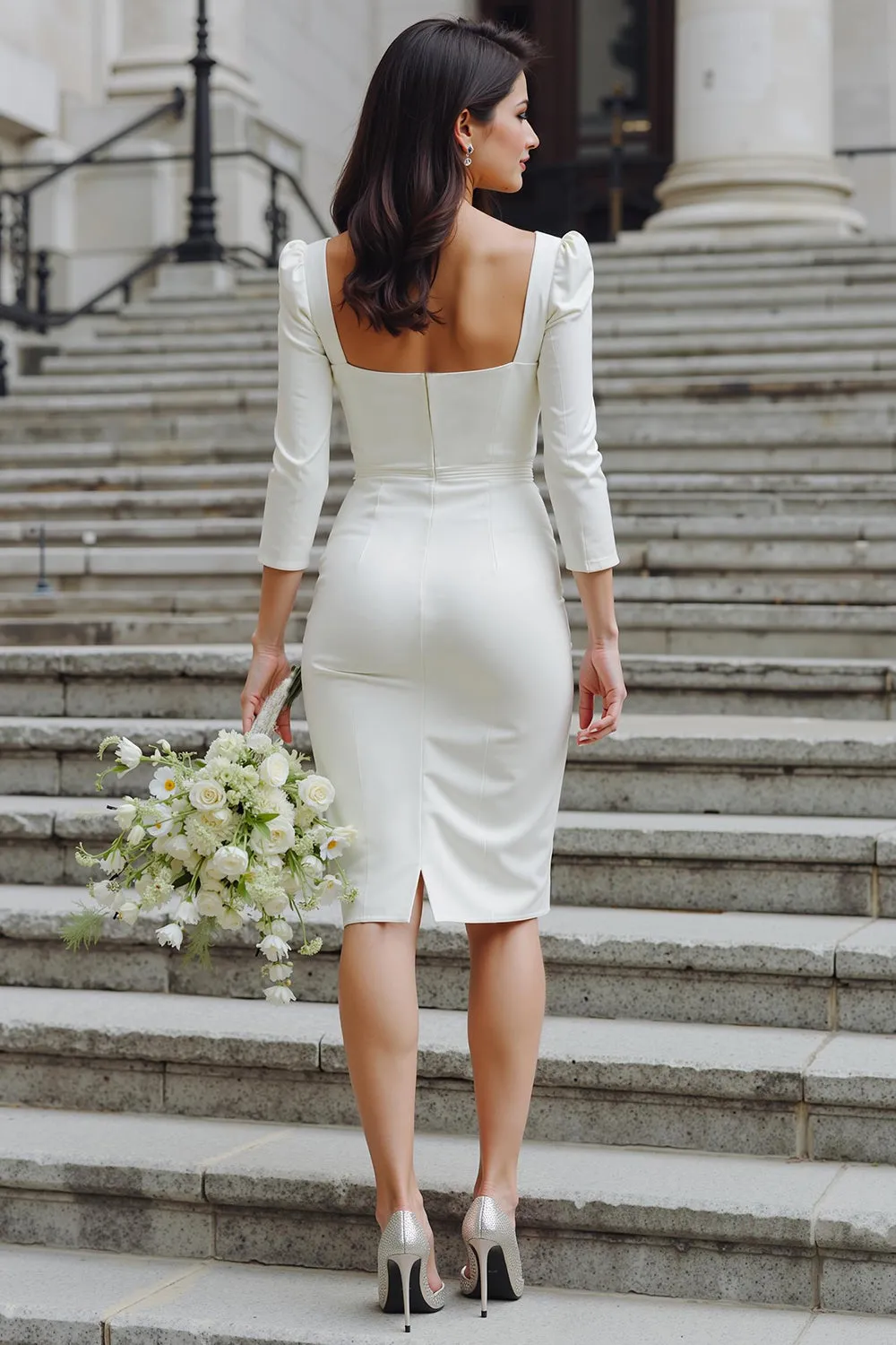 Ivory Bodycon Square Neck Midi Wedding Dress with Sleeves sold by Zapaka product image thumbnail 2