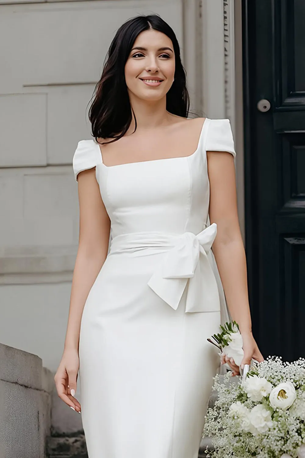 Ivory Bodycon Square Neck Midi Wedding Dress sold by Zapaka product image thumbnail 3
