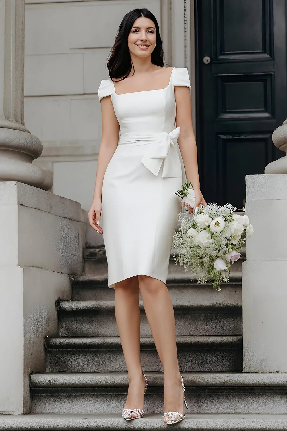 Ivory Bodycon Square Neck Midi Wedding Dress sold by Zapaka