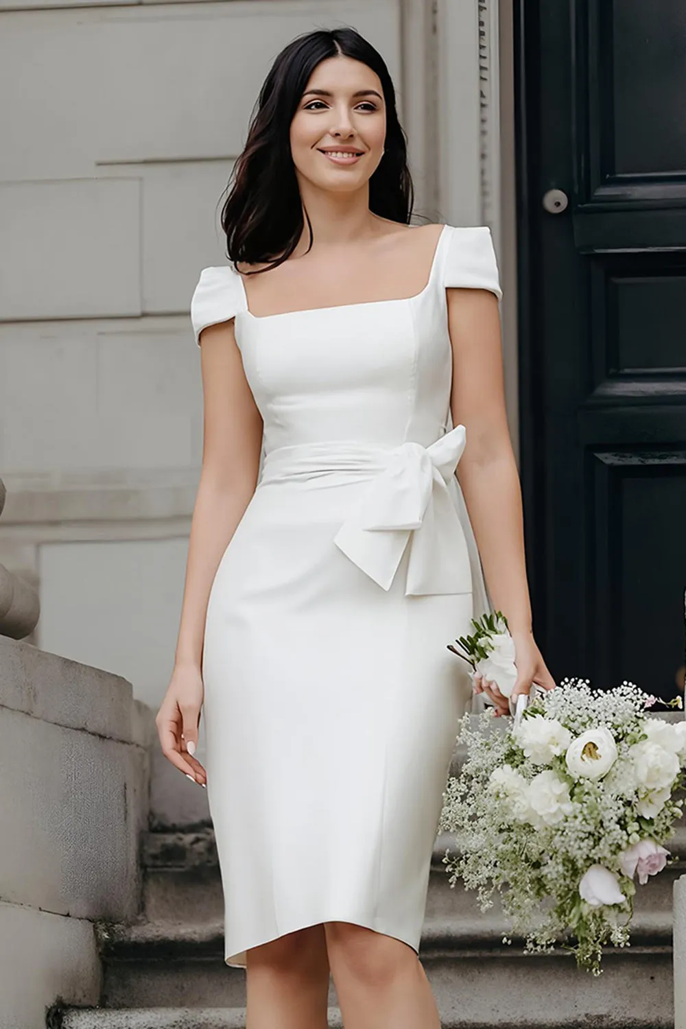 Ivory Bodycon Square Neck Midi Wedding Dress sold by Zapaka product image thumbnail 2